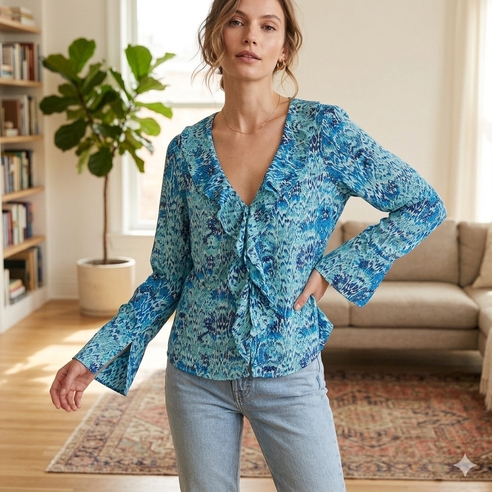 Zara Women's Blue Abstract Feminine Ruffle Summer Blouse Size Medium
